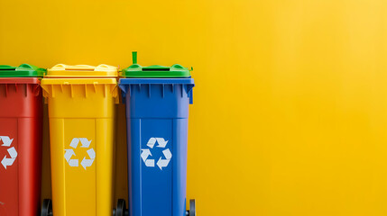 Colorful recycling bins lined up against a bright yellow wall, promoting waste separation and sustainability