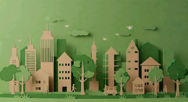 green city with butterflies and cut out trees,burds,paper art,eco