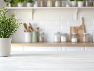 Bright white rectangular wooden table with clean surface and blurred kitchen background featuring utensils and jars
