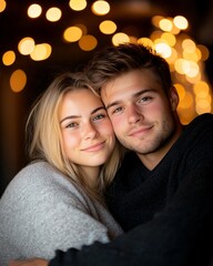 Happy young couple embracing with warm smiles in cozy winter sweaters against blurred golden fairy lights background radiating love warmth and companionship