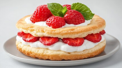 Gourmet layered dessert with fresh strawberries golden pastry and whipped cream on elegant white plate exuding indulgence freshness and artisanal bakery excellence