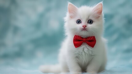 Fototapeta premium Adorable white kitten with red bow tie sitting on a soft blue background, cute and fluffy.