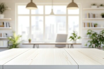 Bright white rectangular wooden table with overhead lighting and blurred office background featuring desk, bookshelves, and plants
