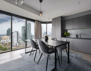 Gray dining room and kitchen corner, cityscape