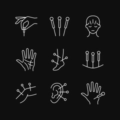 Fototapeta premium Acupuncture line white icon set on black background. Body therapy vector collection. Editable stroke.