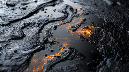 Naklejka premium Molten Rock Texture: Close-up of a cooling lava flow revealing intricate patterns and textures with glowing embers, creating a dramatic and powerful scene. 