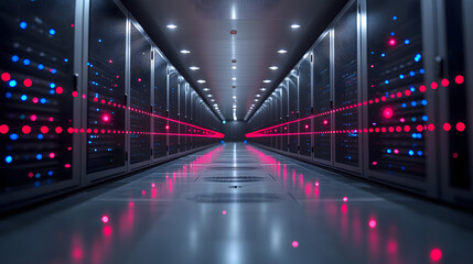 Digital Data Hub: A high-tech data center bathed in cool blue and red hues, showcasing rows of servers and illuminated pathways, evoking the complexity of global networks. 