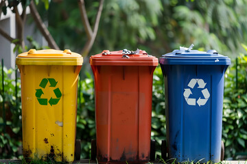 Colorful recycling bins in an urban park surrounded by greenery and trees, promoting waste separation