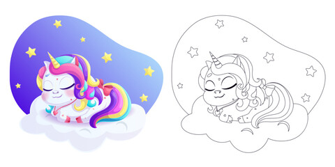 A cute unicorn sleeps on a cloud. A page of a children's coloring book. A black outline on a white background. Vector isolated illustration with a colorful template. For coloring, printing, and design