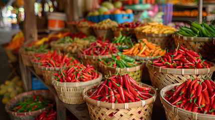 Fototapeta premium local market with a colorful display of different chili peppers