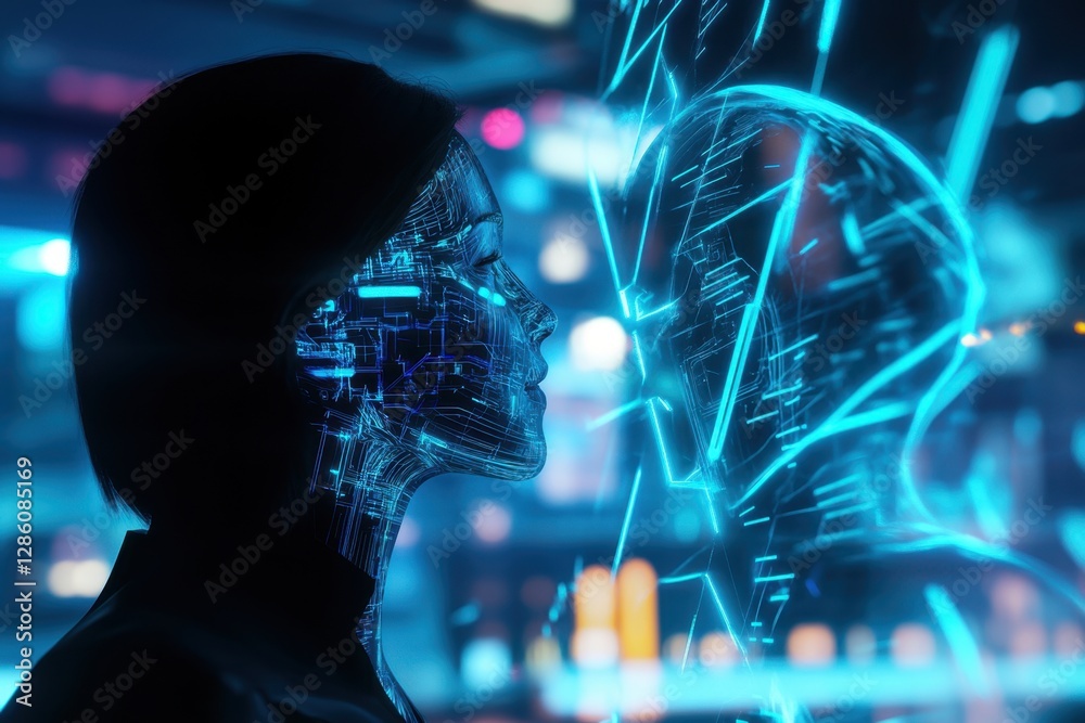 Poster engaging in a profound connection with a digital entity in a vibrant cybernetic world. generative ai