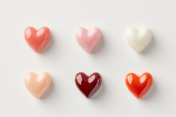 Obraz premium Assorted glossy heart shaped chocolates in various pastel tones arranged on clean white background symbolizing sweetness love and indulgence in high quality stock photo for confectionery lovers