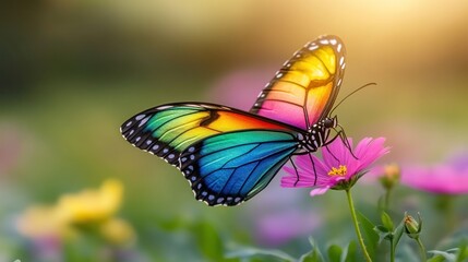 Naklejka premium Colorful butterfly on flower in garden at sunset