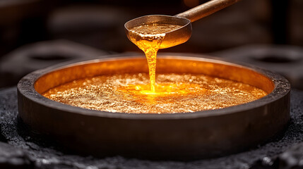 Molten Gold Pour: Capturing the mesmerizing moment of molten gold being poured from a ladle, highlighting its vibrant, liquid form and the craftsmanship involved in the process.
