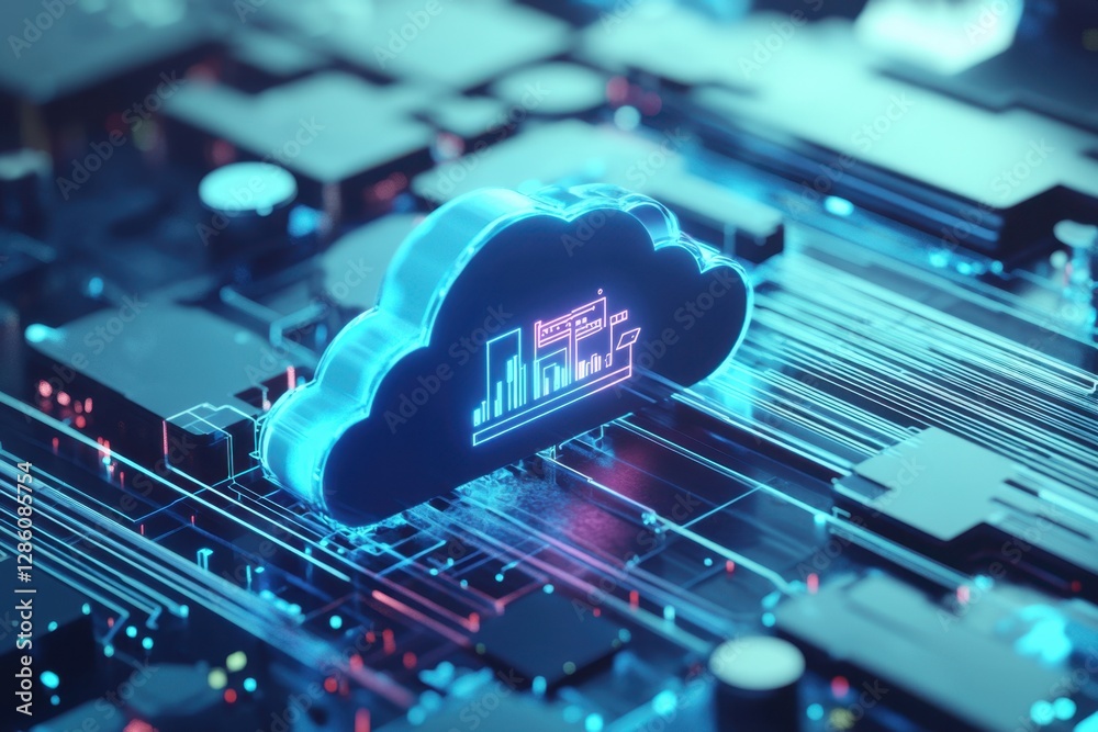 Poster Digital cloud computing concept representing data storage and analysis in a futuristic tech landscape. Generative AI