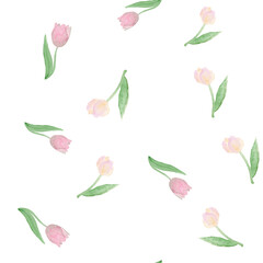 Pink Tulips Seamless Pattern, Watercolor Floral Print, Spring Garden Botanical Illustration on White