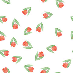 Red yellow Tulips Seamless Pattern, Watercolor Floral Print, Spring Garden Botanical Illustration on White