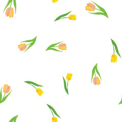 Red yellow Tulips Seamless Pattern, Watercolor Floral Print, Spring Garden Botanical Illustration on White