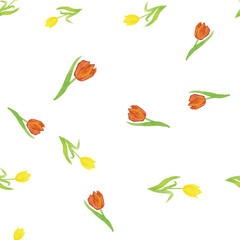 Red yellow Tulips Seamless Pattern, Watercolor Floral Print, Spring Garden Botanical Illustration on White