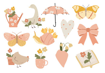 Hello Spring season clipart for little baby girl in pastel pink colors. Hand drawn vector illustration of isolated elements for nursery decor. Duck, butterfly, flowers, chicken, bow, snail graphics
