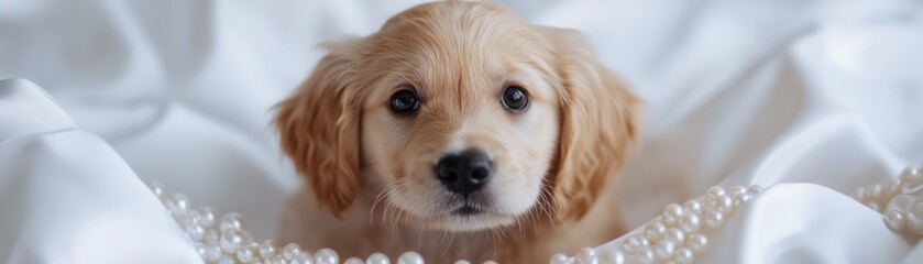Adorable puppy resting on satin, surrounded by pearls, exuding elegance and charm.