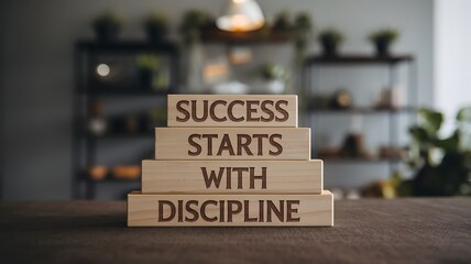 wooden blocks on a table spell "Success starts with discipline"  against a softly blurred background, evoking themes of reflection, learning. 
