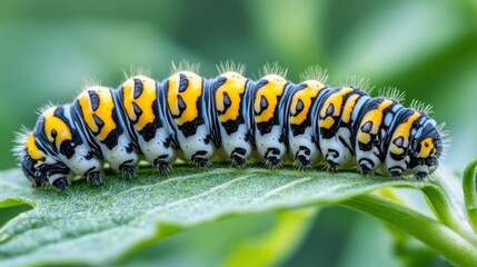 Naklejka premium Colorful caterpillar on a leaf in a garden