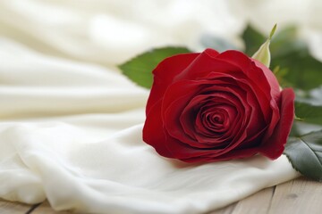 Obraz premium Elegant Red Rose on Soft White Fabric Background for Romantic Themes