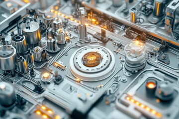 Fototapeta premium Intricate network of circuits and components illuminates a futuristic technology landscape filled with vibrant energy. Generative AI