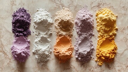 Fototapeta premium Collection of rare earth mineral powders in different colors, displayed in small mounds