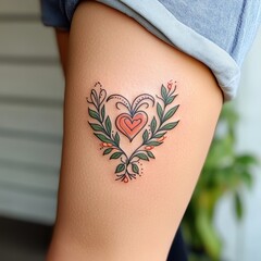 Symmetrical heart tattoo on inner thigh with detailed ornamental line work and bold colors vintage design with floral and geometric patterns permanent ink body art
