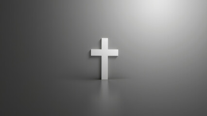 Fototapeta premium A minimalist Christian cross set against a dark gray background with a soft light shining on it from below.