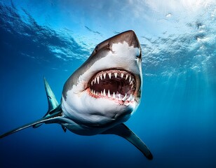 Obraz premium Portrait of a shark attacking with its mouth open underwater