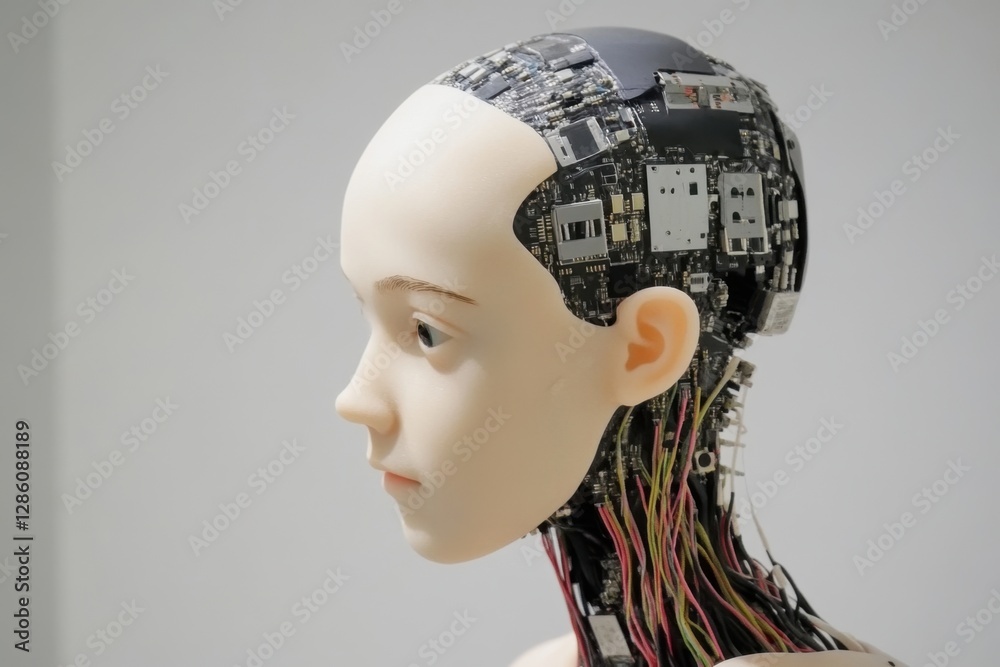 Poster exploring the intersection of artistry and technology through a lifelike android model with intricat