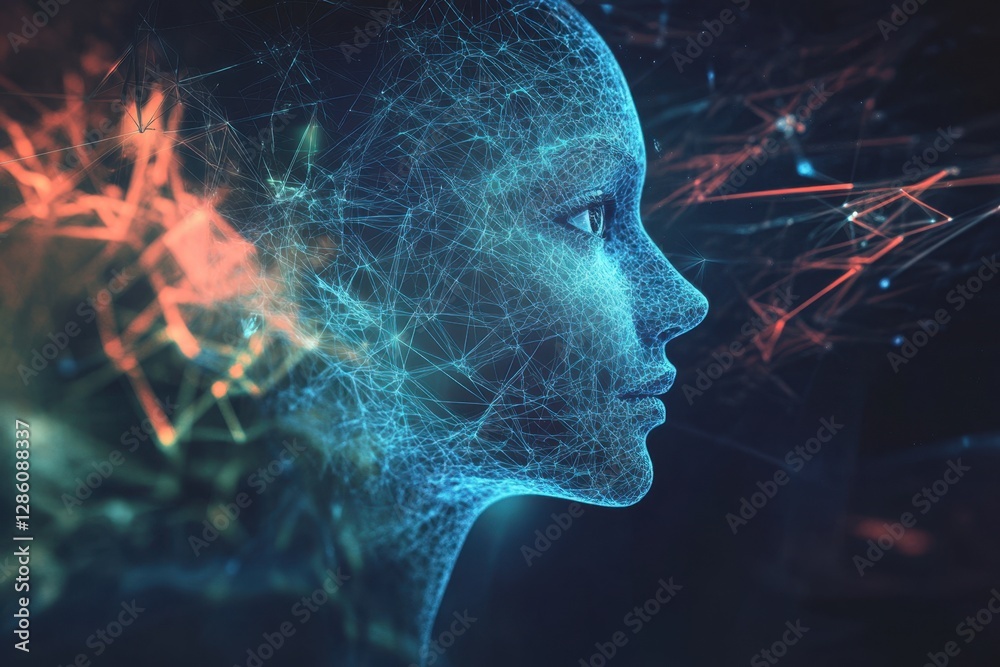 Poster exploring the intersection of technology and humanity through a digital silhouette illuminated by co