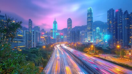 Fototapeta premium Hong Kong Cityscape Night Highway Lights Traffic