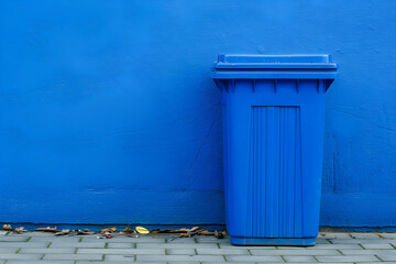 Naklejka premium Bright blue trash bin against a vibrant blue wall with fallen leaves on the pavement nearby