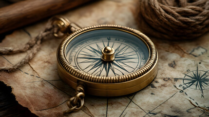 Compass on Old Map: An antique brass compass rests upon a weathered map, accompanied by a length of rope, invoking a sense of adventure and exploration