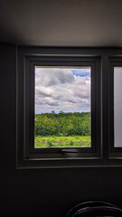 Fototapeta premium A beautifully framed view of lush greenery and a cloudy blue sky seen through a modern window. 