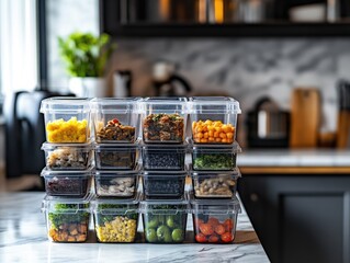 Prepared meal containers, stacked, kitchen, colorful ingredients