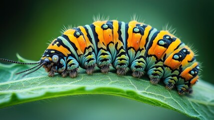 Naklejka premium Colorful caterpillar on leaf in nature. Background bokeh. Educational/nature photography