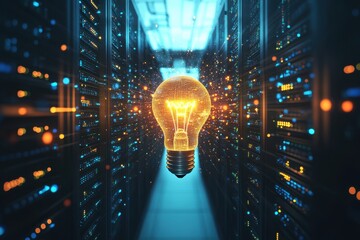 Innovative light bulb illuminates a tech-savvy data center bursting with energy and vibrant colors. Generative AI