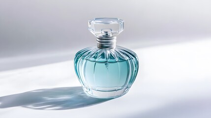 A glass bottle of perfume, clean white background, transparent isolate