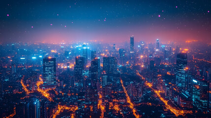 Fototapeta premium Nighttime Cityscape: An ethereal cityscape illuminated with vibrant lights stretches towards the horizon under a starlit sky.