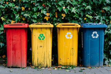 Colorful recycling bins lined up against a green ivy wall, promoting eco-friendly waste management