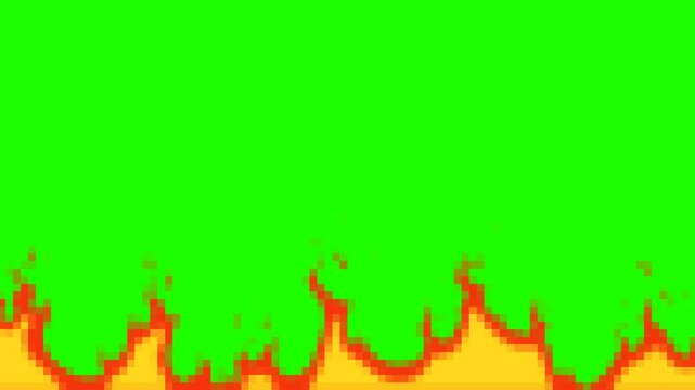 Horizontal 4K video. Loop 2D pixel animation with 8 bit, 16 bit graphics. Yellow red orange fire burns on black and green screen. Retro game. Concept of heat, global warming, horror, fear, rest, relax
