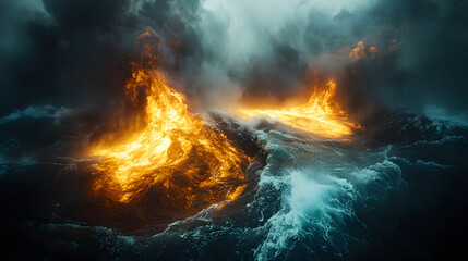 The Fury of Fire and Water: Dramatic scene of elemental clash, fiery explosions against churning sea, a visual metaphor for chaos and power.