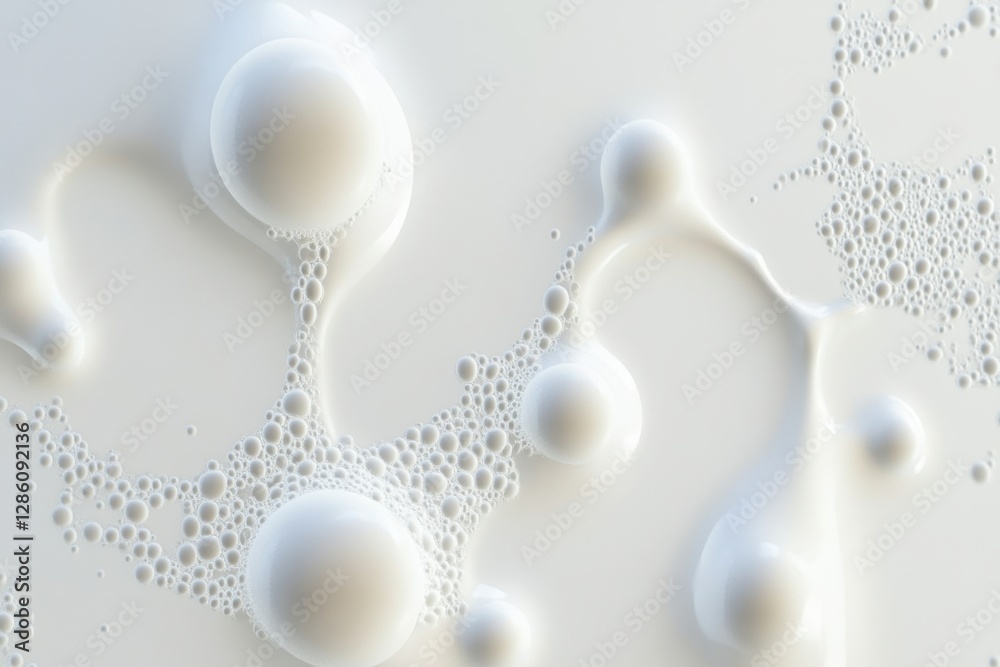 Poster bubbles and droplets dance on a smooth white surface, creating a mesmerizing abstract composition in