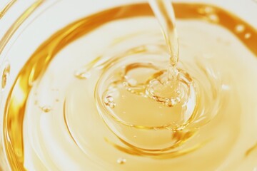 Rippling golden liquid creates mesmerizing patterns in a glass bowl reflecting warm light in a captivating moment of tranquility. Generative AI