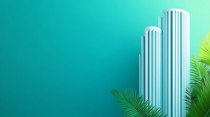 Obraz premium Modern Architectural Elements in Tropical Setting with Lush Greenery Against a Soft Teal Background